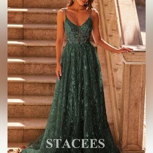 Stacees A line V neck sweep train dark green prom dress sequins glitter size 8